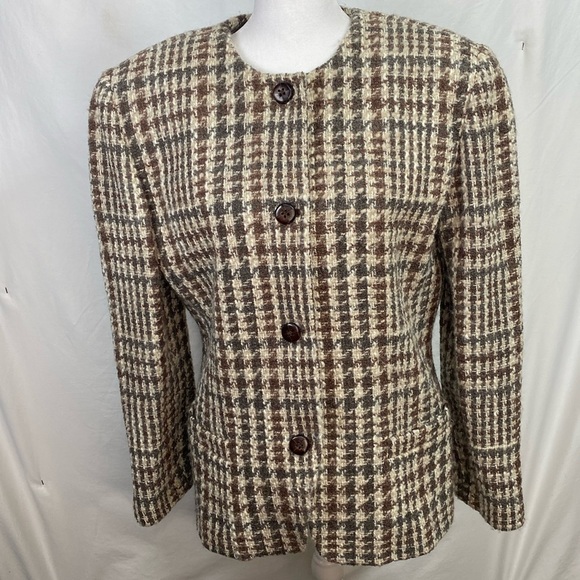 Ellen Tracy Linda Allard Woman Wool/Alpaca Blend Brown/Gray/Cream Blazer Size 10 - Picture 1 of 13